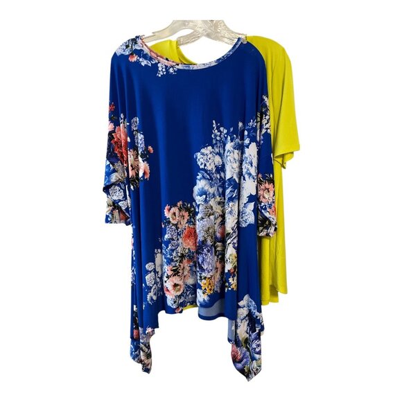 Women’s 2X Blue Floral Sharkbite Tunic & Solid Yellow V-Neck Top - Picture 1 of 8